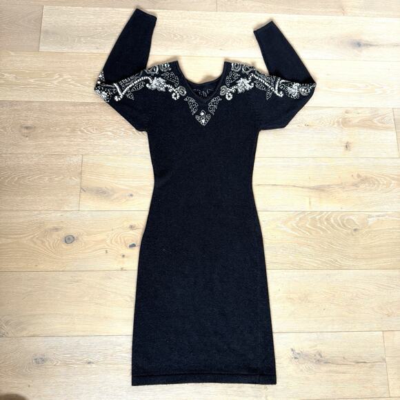 Vintage Sarah Taylor Black Knit Sequin Beaded Sweater Dress Silk Angora S - Picture 3 of 9